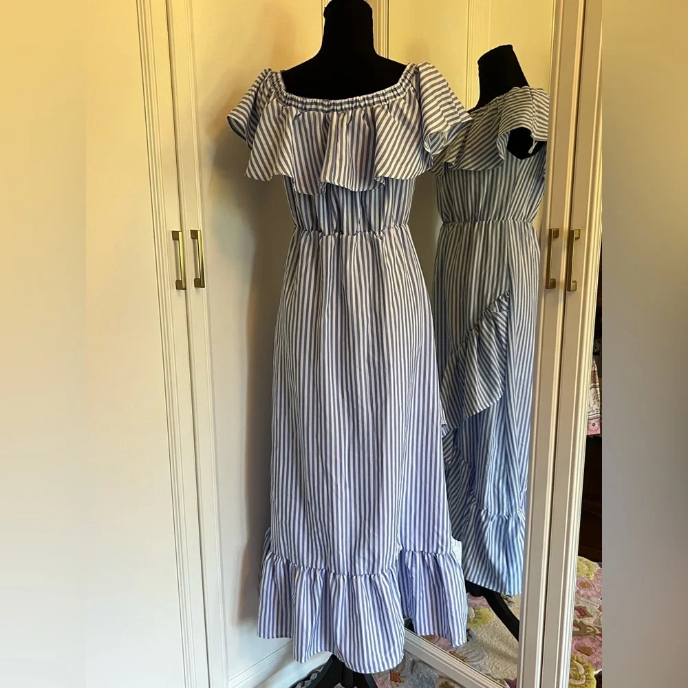 LOVE J OFF THE SHOULDER BLUE & WHITE STRIPE DRESS‎ NWOT SLIPS ON - Picture 5 of 9